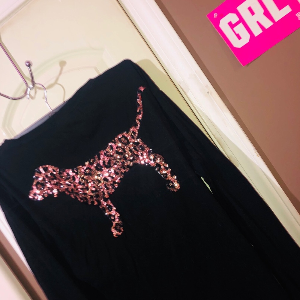 PINK Black Longsleeve T-shirt Leopard Embellished